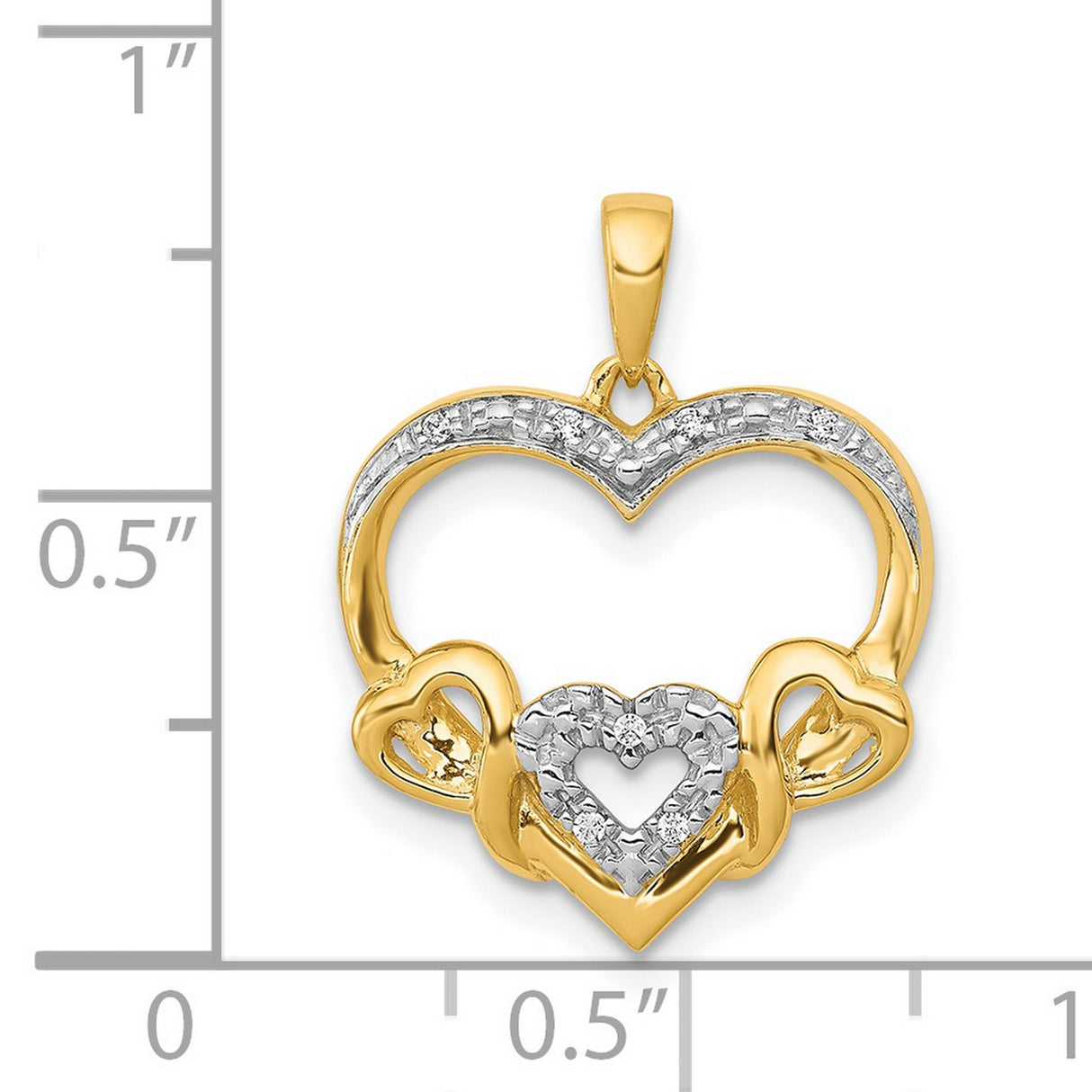 .03ct Diamond Heart with Three Smaller Hearts Charm Pendant in Real 14k Multi-Tone Gold