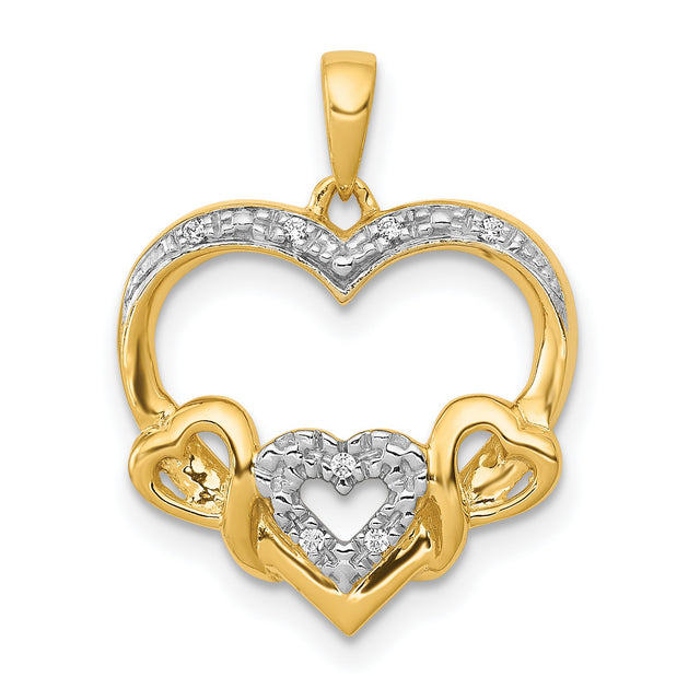 .03ct Diamond Heart with Three Smaller Hearts Charm Pendant in Real 14k Multi-Tone Gold