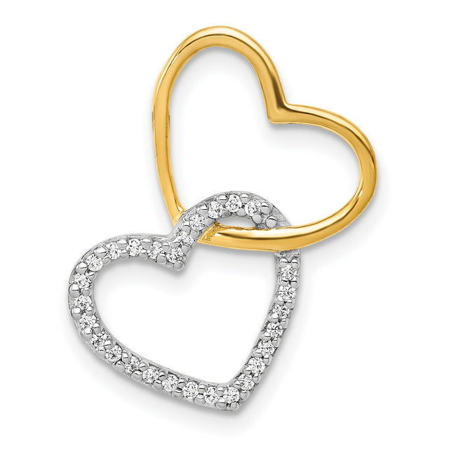 1/10ct Diamond Double Heart Chain Slide Charm Pendant in Real 14k Multi-Tone Gold