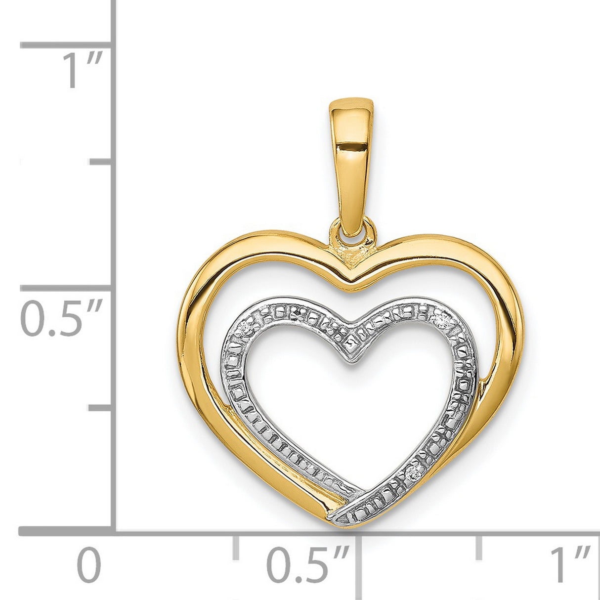 .01ct Diamond and Rhodium Double Heart Charm Pendant in Real 14k Multi-Tone Gold