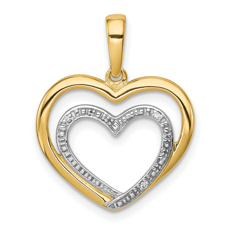 .01ct Diamond and Rhodium Double Heart Charm Pendant in Real 14k Multi-Tone Gold