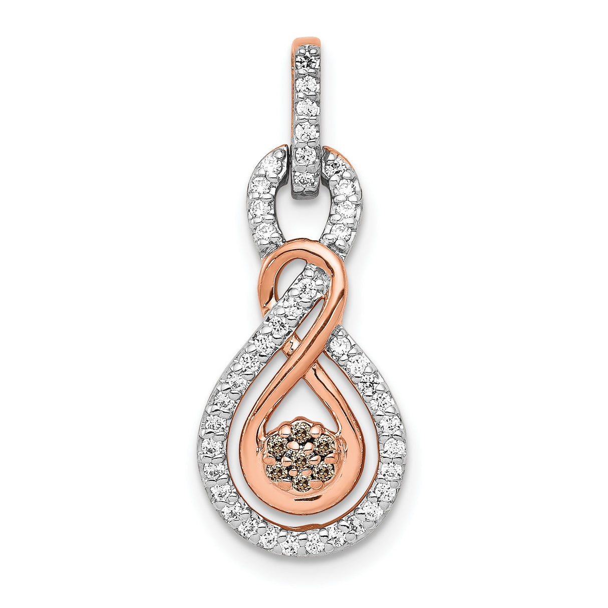 Champagne and White Diamond Double Infinity Chain Slide Charm Pendant in Real 14k Rose Gold