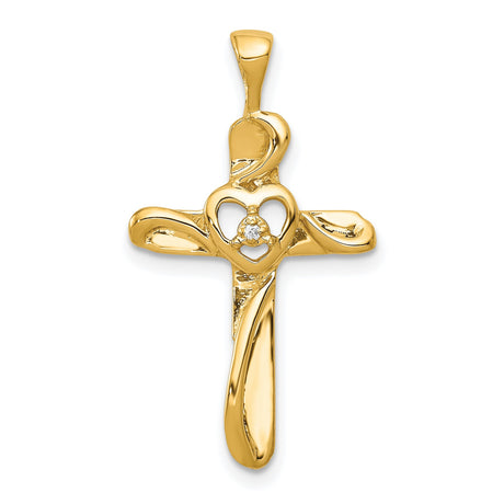 14k Yellow Gold Cross Pendant with Diamond, Open Heart Design, Religious Jewelry