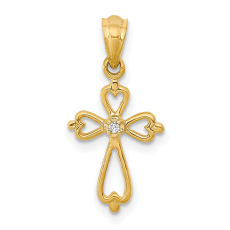 Diamond-Accented Cross Charm Pendant in Real 14k Yellow Gold