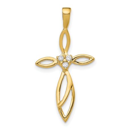 10k Yellow Gold Cross Pendant with Diamond Accents, Leaf Design and Openwork Detail