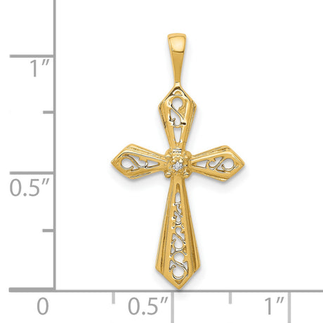 10k Yellow Gold Cross Pendant with Diamond Accent and Filigree Detail