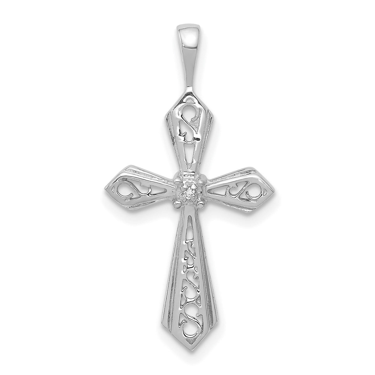 14k White Gold Diamond Cross Pendant with Filigree Design, Unisex Religious Jewelry