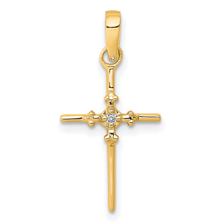 .01ct Diamond Polished Budded Cross Charm Pendant in Real 14k Yellow Gold