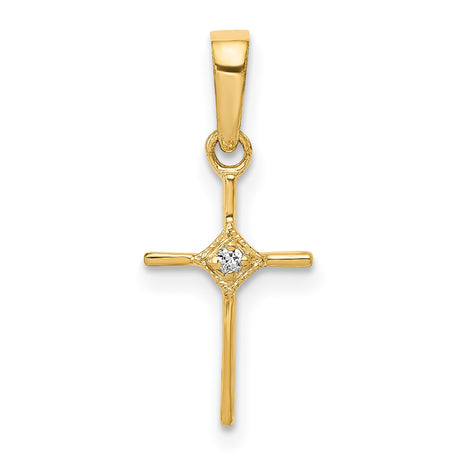 14k Yellow Gold Cross Pendant with Diamond Accent, Polished Minimalist Faith Design