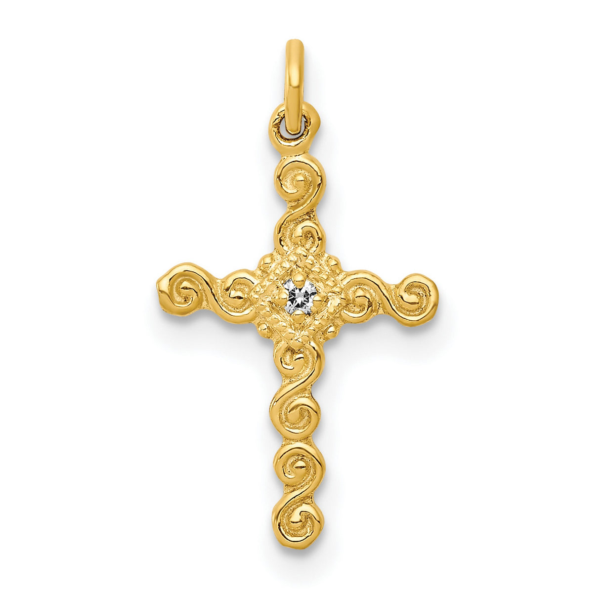 10k Yellow Gold Cross Pendant with Diamond Accent, Scrollwork Vintage Religious Design