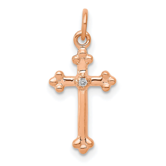 Small Diamond Budded Cross Charm Pendant in Real 10k Rose Gold