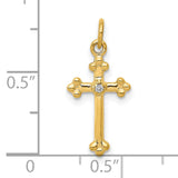 10k Yellow Gold Cross Pendant with Small Diamond Accent, Budded Design, Unisex Religious Jewelry