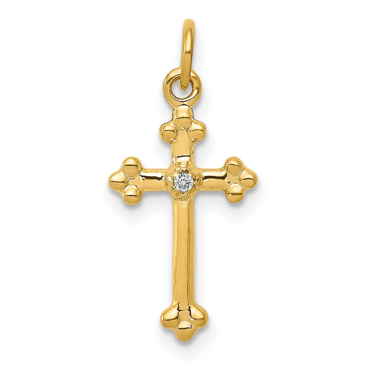 10k Yellow Gold Cross Pendant with Small Diamond Accent, Budded Design, Unisex Religious Jewelry