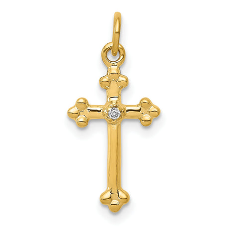 10k Yellow Gold Cross Pendant with Small Diamond Accent, Budded Design, Unisex Religious Jewelry