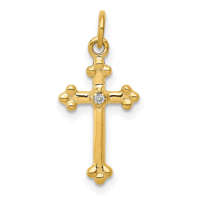 10k Yellow Gold Cross Pendant with Small Diamond Accent, Budded Design, Unisex Religious Jewelry
