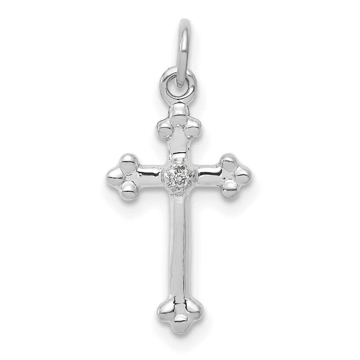 14k White Gold Diamond Cross Pendant, Budded Religious Charm for Men and Women