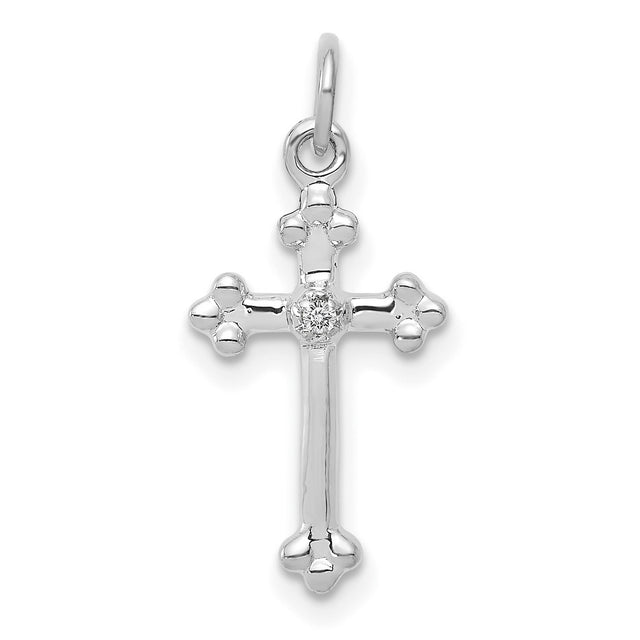 14k White Gold Diamond Cross Pendant, Budded Religious Charm for Men and Women