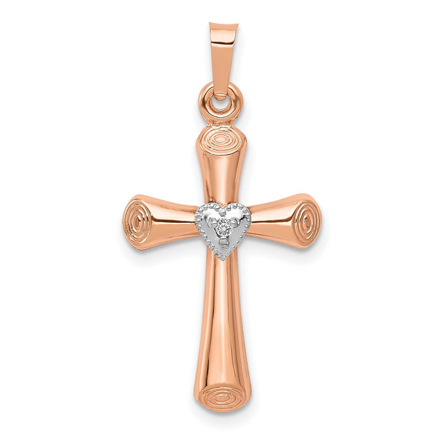 Diamond Cross and Heard Charm Pendant in Real 14k Multi-Tone Gold