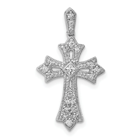 10k White Gold Cross Pendant with Diamond Accents, Fleur de Lis Design, Religious Charm