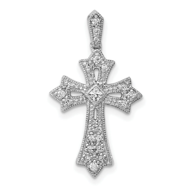 10k White Gold Cross Pendant with Diamond Accents, Fleur de Lis Design, Religious Charm
