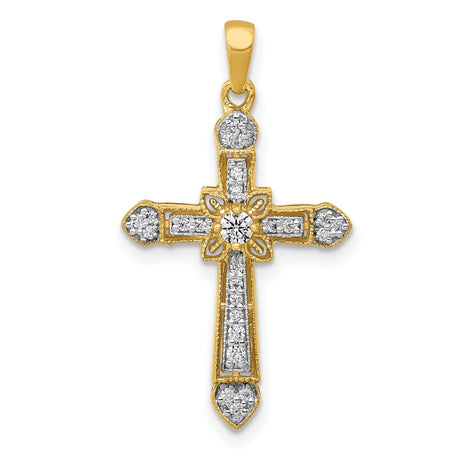 14k Yellow Gold Diamond Filigree Cross Pendant, Vintage Religious Charm for Men and Women