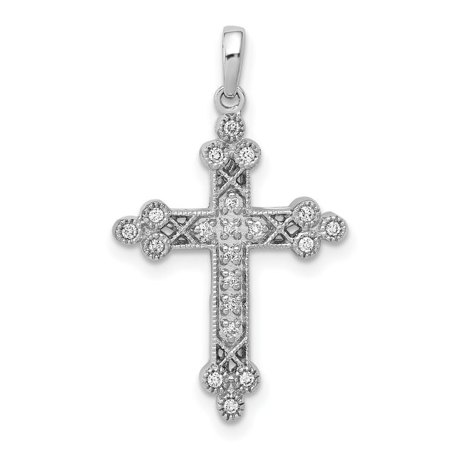 1/10ct Diamond Filigree Budded Cross Charm Pendant in Real 14k White Gold