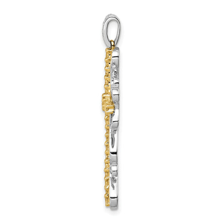 14k Two-Tone Gold Filigree Cross Pendant with Diamond Accents, Vintage Spiritual Design