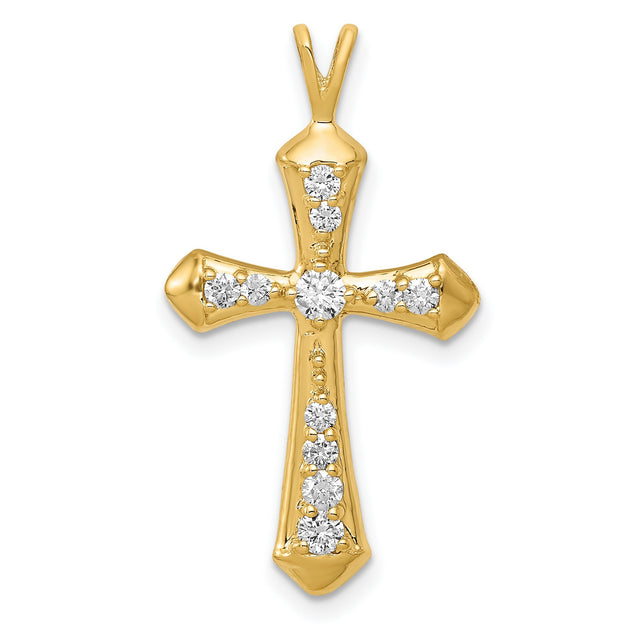 14k Yellow Gold Cross Pendant with Diamonds, Sleek Tapered Religious Design for Men and Women
