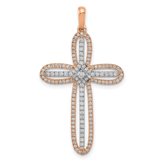 Rose Diamond Cross Charm Pendant in Real NULL Multi-Tone Gold