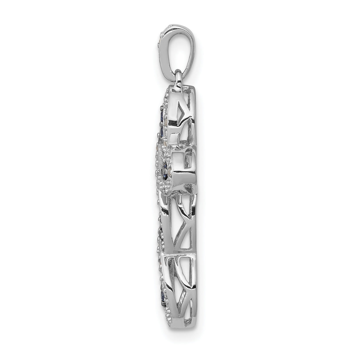 14k White Gold Cross Pendant with Blue Diamond, Pave Setting, Twisted Halo Design