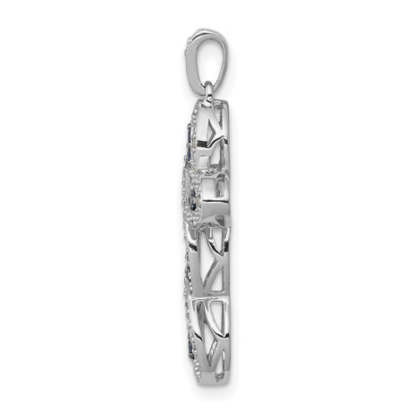 14k White Gold Cross Pendant with Blue Diamond, Pave Setting, Twisted Halo Design