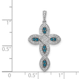 14k White Gold Cross Pendant with Blue Diamond, Pave Setting, Twisted Halo Design