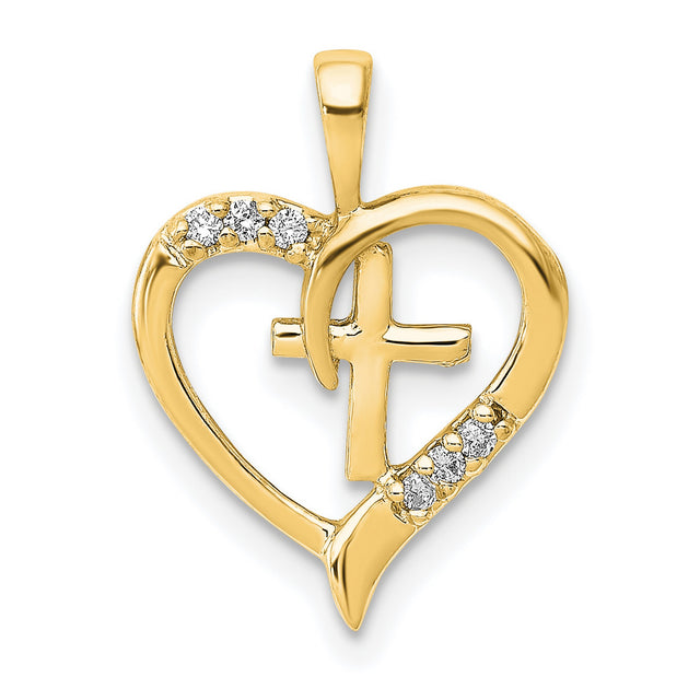 14k Yellow Gold Cross Pendant with Diamond Accent and Heart Design