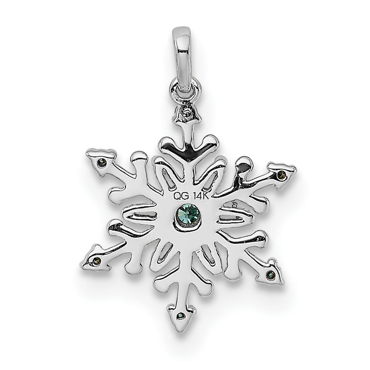 14k White Gold Snowflake Pendant with Blue Gemstones and Diamond Accents, Winter Holiday Theme