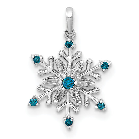 14k White Gold Snowflake Pendant with Blue Gemstones and Diamond Accents, Winter Holiday Theme