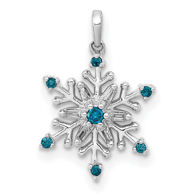 14k White Gold Snowflake Pendant with Blue Gemstones and Diamond Accents, Winter Holiday Theme
