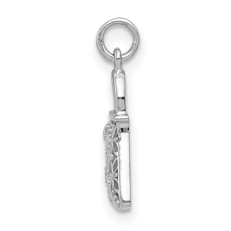 14k White Gold Handbag Charm Pendant with Diamond Accents and Floral Filigree Design