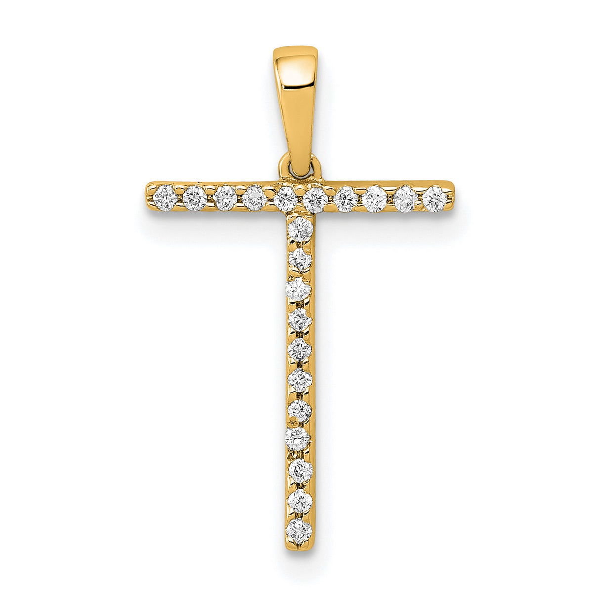 14k Yellow Gold Cross Pendant with Round Cut White Stones, Modern Christian Jewelry for Women