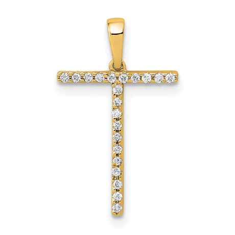 14k Yellow Gold Cross Pendant with Round Cut White Stones, Modern Christian Jewelry for Women