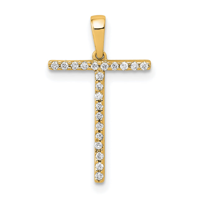 14k Yellow Gold Cross Pendant with Round Cut White Stones, Modern Christian Jewelry for Women