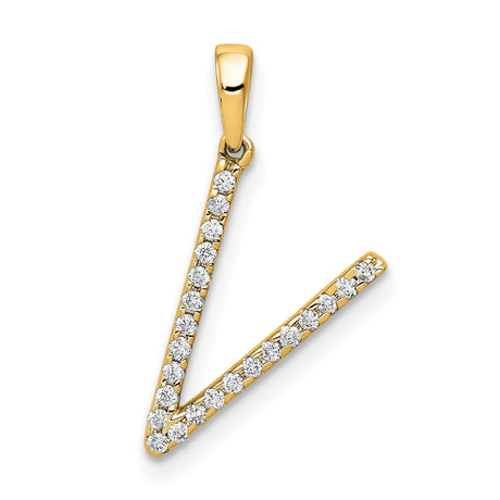 14k Yellow Gold V Letter Pendant with Small White Gemstones, Dainty Alphabet Charm for Women