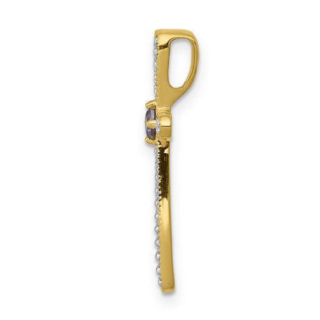 Diamond and Amethyst Polished Cross Chain Slide Charm Pendant in Real 14k Yellow Gold
