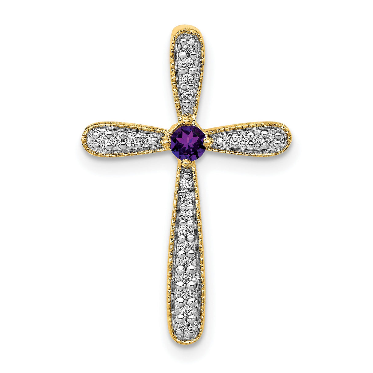 Diamond and Amethyst Polished Cross Chain Slide Charm Pendant in Real 14k Yellow Gold