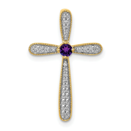 Diamond and Amethyst Polished Cross Chain Slide Charm Pendant in Real 14k Yellow Gold