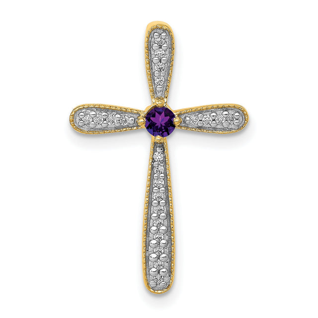 Diamond and Amethyst Polished Cross Chain Slide Charm Pendant in Real 14k Yellow Gold