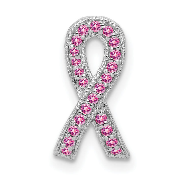 14k White Gold Ribbon Pendant with Pink Sapphire, Breast Cancer Awareness Jewelry for Women