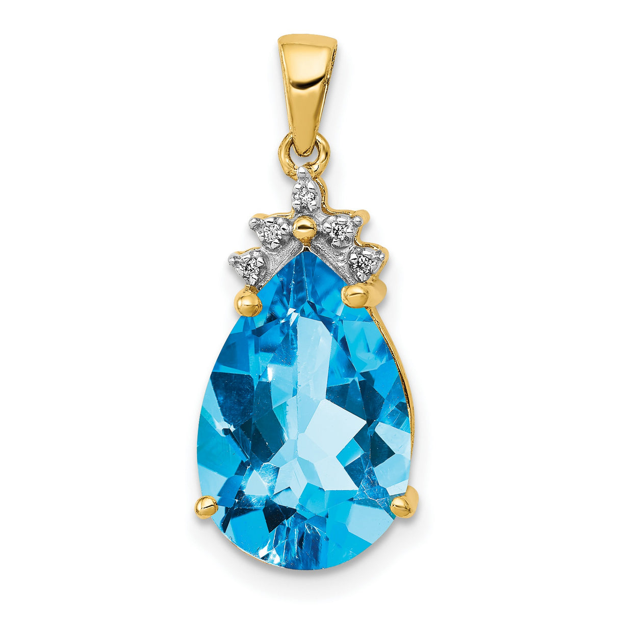 Pear Blue Topaz and Diamond Charm Pendant in Real 14k Yellow Gold