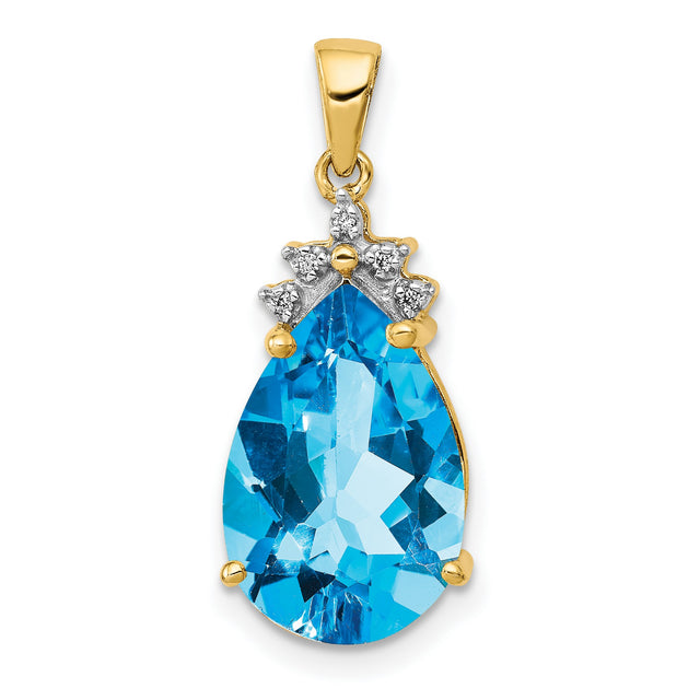 Pear Blue Topaz and Diamond Charm Pendant in Real 14k Yellow Gold
