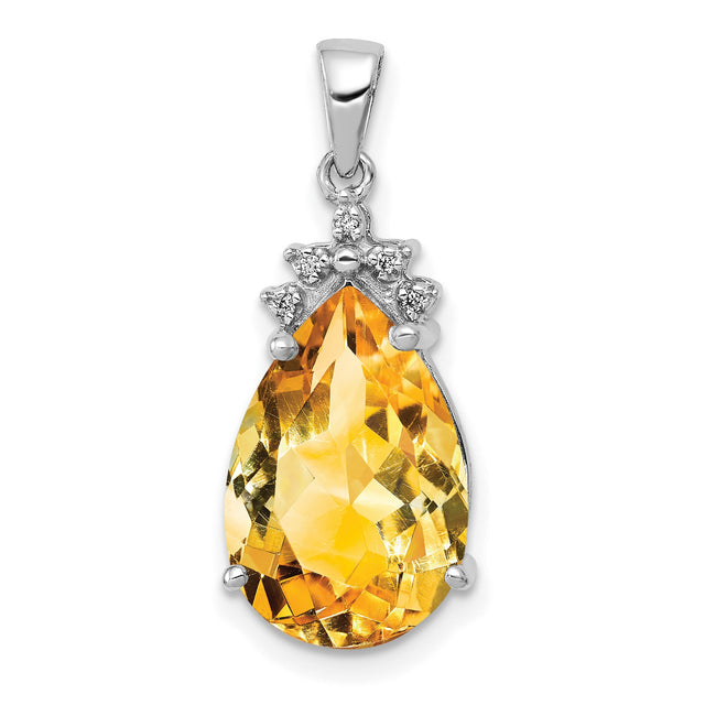 Pear Citrine and Diamond Charm Pendant in Real 14k White Gold