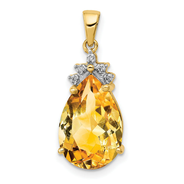 Pear Citrine and Diamond Charm Pendant in Real 14k Yellow Gold